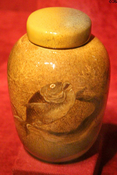 Glazed earthenware jar & cover (1885) by Matthew Andrew Daly of Rookwood Pottery, Cincinnati, OH at Smithsonian American Art Museum. Washington, DC.