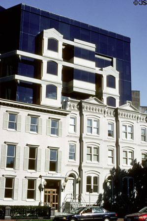 Spanish Embassy extends traditional building upward with blue glass extension (2375 Pennsylvania Av. NW). Washington, DC.