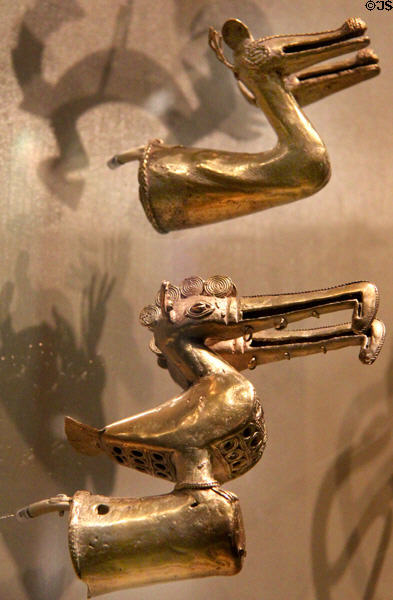 Gold staff heads (500-1000) from Antioquia, Colombia at National Museum of the American Indian. Washington, DC.