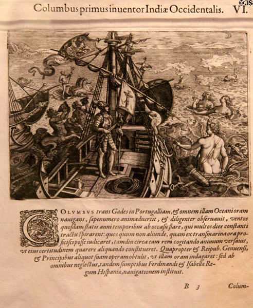 Engraving (1599) of Columbus reaching the West Indies at National Museum of the American Indian. Washington, DC.