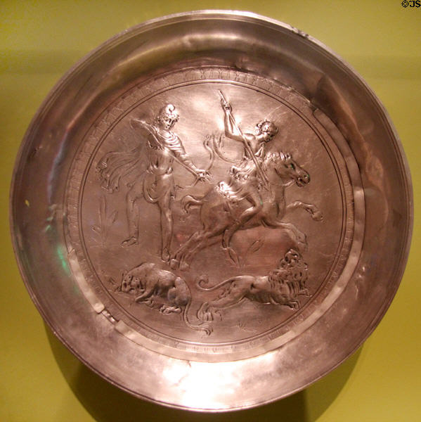 Early Byzantine silver plate with hunting scene (5thC) at Dumbarton Oaks Museum. Washington, DC.