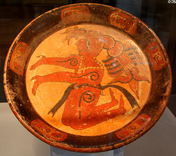 Late Classic Mayan ceramic polychrome tripod plate painted with figure with headdress (600-700CE) from Mexico at Dumbarton Oaks Museum. Washington, DC.