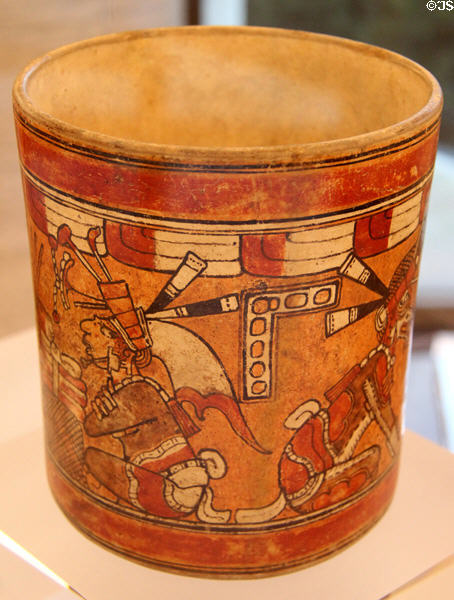 Late Classic Mayan ceramic polychrome vessel painted with court scenes (650-900CE) from Mexico at Dumbarton Oaks Museum. Washington, DC.