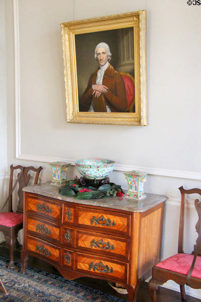 Portrait over chest of drawers with Chinese export punchbowl at Tudor Place. Washington, DC.