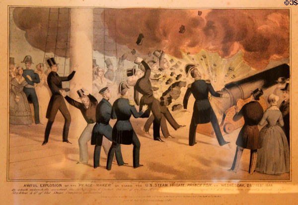 Colored lithograph of explosion of gun 'Peace-Maker' on demonstration cruise of US Steam Frigate Princeton on Potomac River (Feb. 28, 1844) which killed Captain Beverley Kennon, husband of 2nd owner of Tudor Place. Washington, DC.