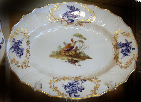 Porcelain serving platter painted with rooster (c1776-99) from Tournai, France at Tudor Place. Washington, DC.
