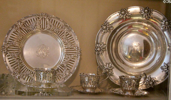 Silver cups, saucers & plates at Tudor Place. Washington, DC.