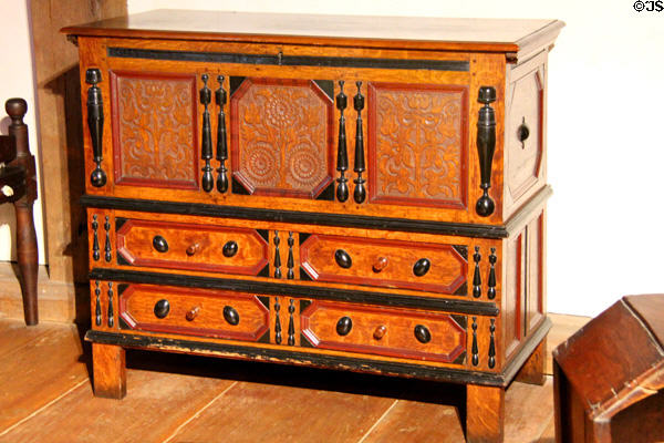 Yellow pine chest (1675-1710) from Hatford or Wethersfield, CT in New England Great Hall at DAR Memorial Continental Hall. Washington, DC.