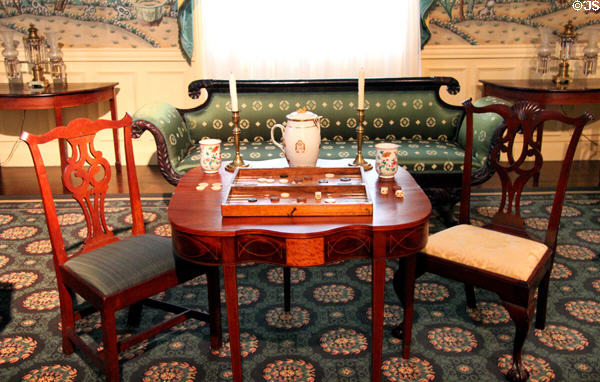 Sofa (c1820) with various tables, chairs & decorative arts in New York period parlor (1820s) at DAR Memorial Continental Hall. Washington, DC.