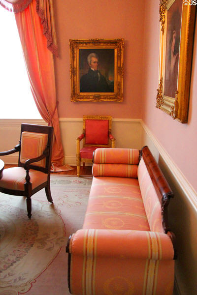 American sofa (1820-35), President James Monroe's Executive Mansion Armchairs, & portrait of Andrew Jackson (c1830) in Tennessee period parlor at DAR Memorial Continental Hall. Washington, DC.