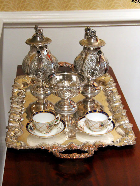 Silver tea service & Staffordshire bone china cups in Alabama period parlor at DAR Memorial Continental Hall. Washington, DC.