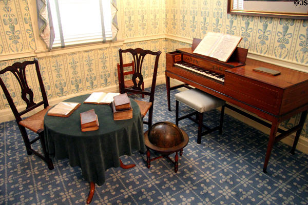 Mahogany pianoforte (1794) by Charles Taws of Philadelphia in West Virginia period parlor (early 19th C) at DAR Memorial Continental Hall. Washington, DC.