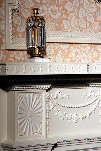 Luster (1845) by Hooper & Co. of Boston on mantle with Adamsesque decoration details in Illinois period bedroom at DAR Memorial Continental Hall. Washington, DC.