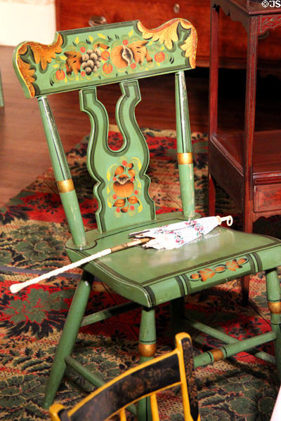 Freehand painted side chair (c1855) made in Lancaster County, PA in Illinois period bedroom at DAR Memorial Continental Hall. Washington, DC.