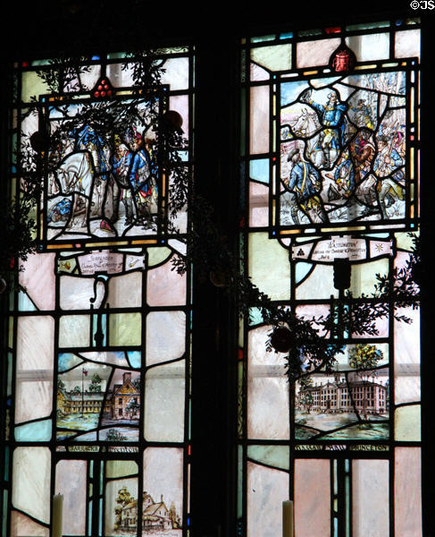Stained glass windows showing Revolutionary scenes at Trenton & Princeton in New Jersey period English Chamber at DAR Memorial Continental Hall. Washington, DC.