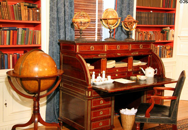Roll top desk (1775-1803) made by Joseph Stockel of Paris plus collection of globes in Michigan period library at DAR Memorial Continental Hall. Washington, DC.