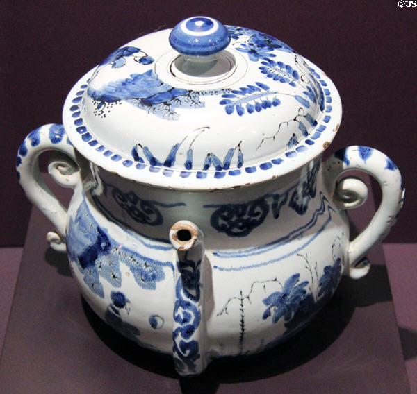 Tin-glazed earthenware posset pot (c1690) for milk curdled with wine at DAR Memorial Continental Hall Museum. Washington, DC.