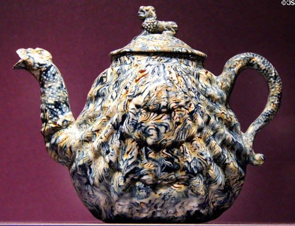 Agateware teapot (1745-50) from Staffordshire, England at DAR Memorial Continental Hall Museum. Washington, DC.