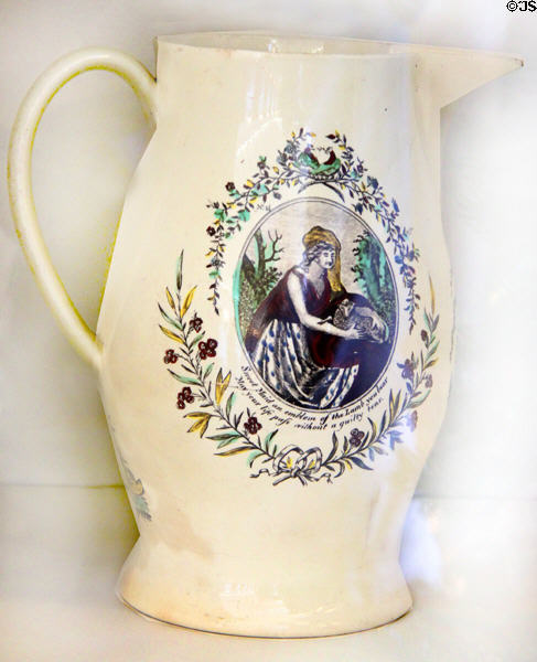 Creamware pitcher with Maid of the Lamb at DAR Memorial Continental Hall Museum. Washington, DC.