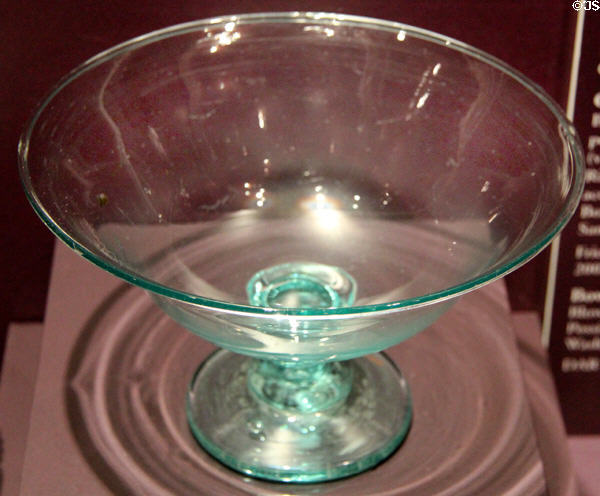 Aqua blown glass footed bowl (1830-60) possibly New Jersey at DAR Memorial Continental Hall Museum. Washington, DC.