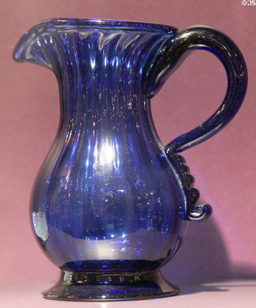 Blown blue glass cream pot (1770-80) possibly Pennsylvania or Maryland at DAR Memorial Continental Hall Museum. Washington, DC.