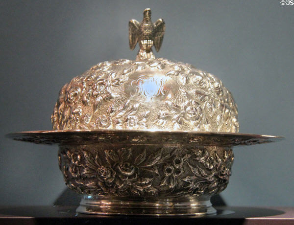 Silver covered butter dish (1880-90) by Samuel Kirk & Son, Baltimore, MD at DAR Memorial Continental Hall Museum. Washington, DC.