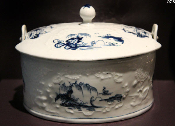 Porcelain butter tub (1760-8) by Lowestoft Porcelain Factory of England at DAR Memorial Continental Hall Museum. Washington, DC.