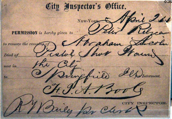 New York City inspector's permission card to move Lincoln's body to Springfield, IL for burial at House Where Lincoln Died. Washington, DC.