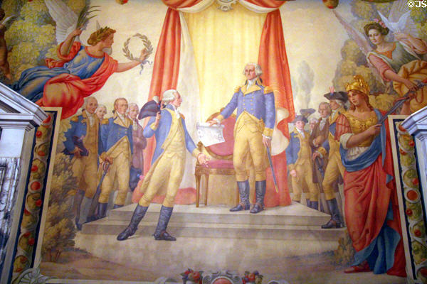 George Washington presenting charter of Society of Cincinnati to Lafayette & Alexander Hamilton mural (1909) by H. Siddons Mowbray in Key Room at Anderson House Museum. Washington, DC.