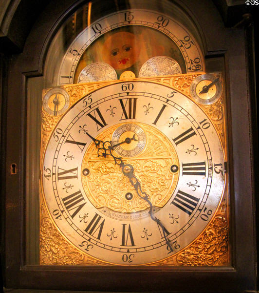 Face of tall case clock by Waltham Clock Co. on stairway landing at Woodrow Wilson House. Washington, DC.