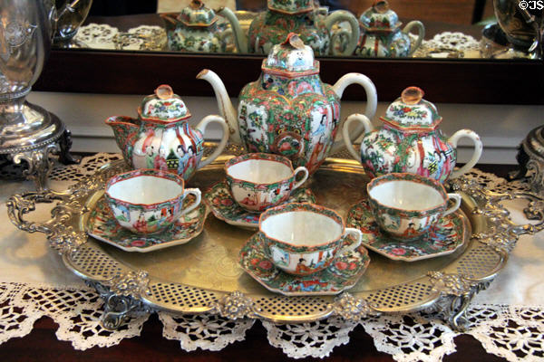 Chinese-style tea set on silver tray in dining room at Woodrow Wilson House. Washington, DC.