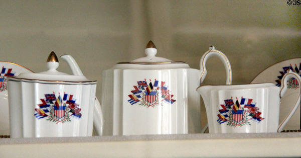 Wilson Allies Tea Service with flags of WWI allies made by Wedgwood of England at Woodrow Wilson House. Washington, DC.