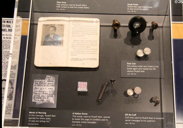 Artifacts about the Rudolf Abel spy case (1953-62) at Newseum. Washington, DC.