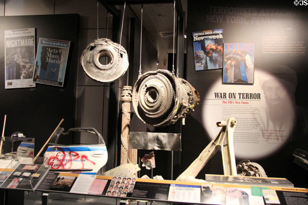 War on Terror display with pieces of planes which destroyed World Trade Towers at Newseum. Washington, DC.