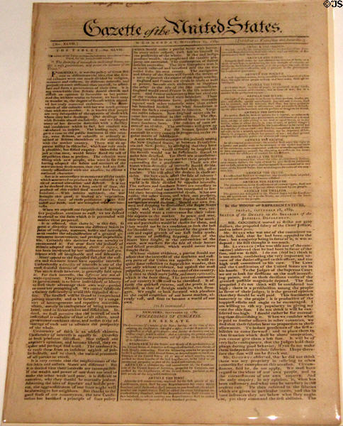 Gazette of the United States (Sept. 23, 1789) printed The Bill of Rights Constitutional amendments of which the States rejected two & passed ten at Newseum. Washington, DC.