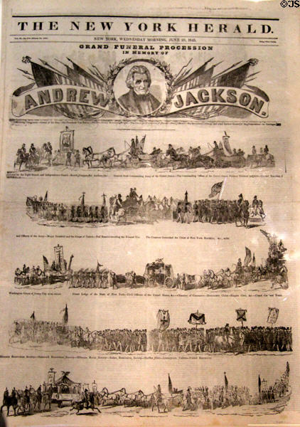 New York Herald front page (June 1845) devoted to Andrew Jackson's funeral procession at Newseum. Washington, DC.