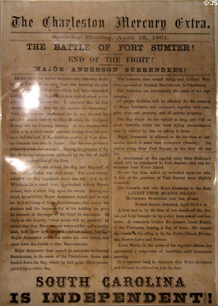Charleston Mercury extra front page (April 18, 1861) covers Battle of Fort Sumter declaring South Carolina is Independent at Newseum. Washington, DC.