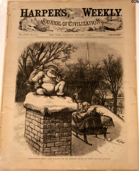 Harper's Weekly (1874) introduced bearded Santa Clause by illustrator Thomas Nast at Newseum. Washington, DC.