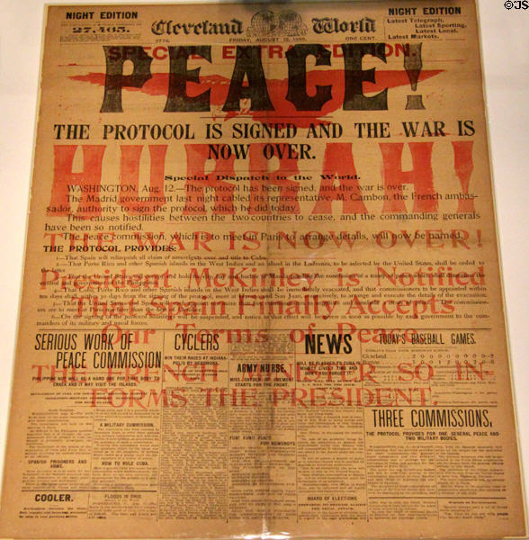 Front page of Cleveland World (Aug. 12, 1898) reports end of Spanish-American War at Newseum. Washington, DC.