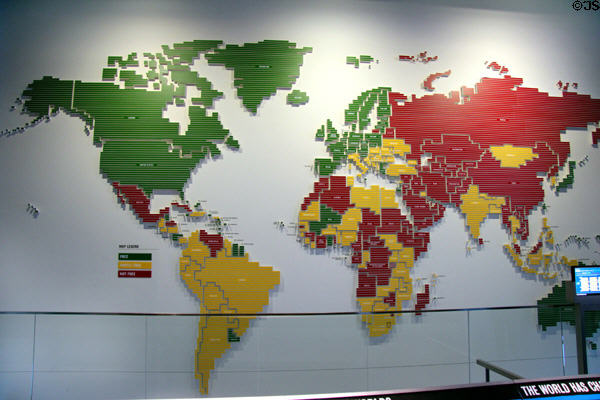 Map showing levels of press freedom worldwide with green free & red poor at Newseum. Washington, DC.