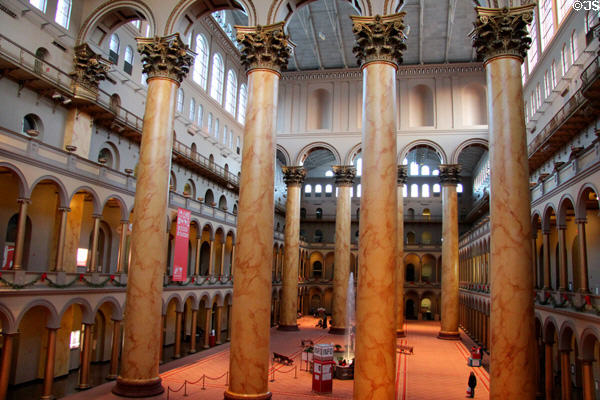 Museum of Building features tall interior columns & was once one of Washington's largest spaces, site of several inaugural balls. Washington, DC.