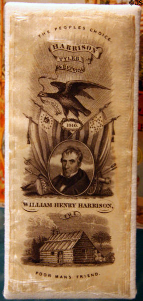 William Henry Harrison campaign ribbon (1840) with log cabin at National Museum of American History. Washington, DC.