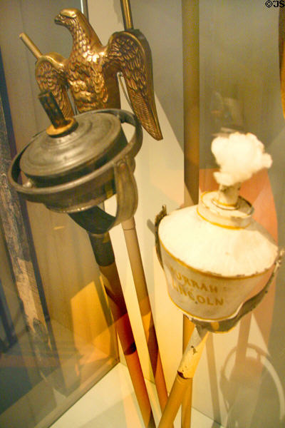 Campaign torches from 1860 presidential campaign including one with Lincoln's name at National Museum of American History. Washington, DC.