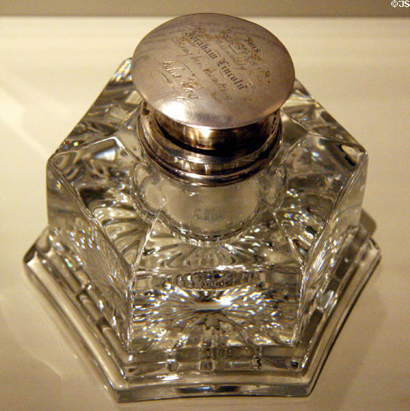Crystal & silver inkwell used by Abraham Lincoln during his presidency at National Museum of American History. Washington, DC.