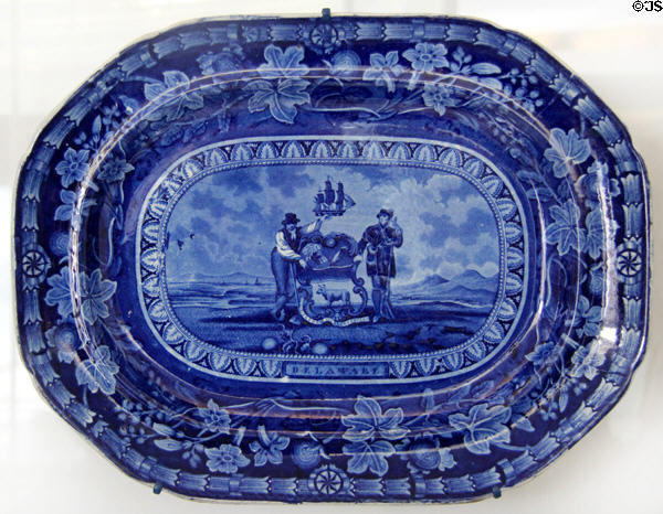 Blue flow plate (c1829) with seal of Delaware by English potter Thomas Mayer at National Museum of American History. Washington, DC.