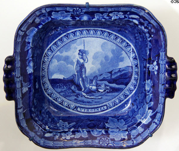 Blue flow plate (c1829) with seal of Virginia by English potter Thomas Mayer at National Museum of American History. Washington, DC.