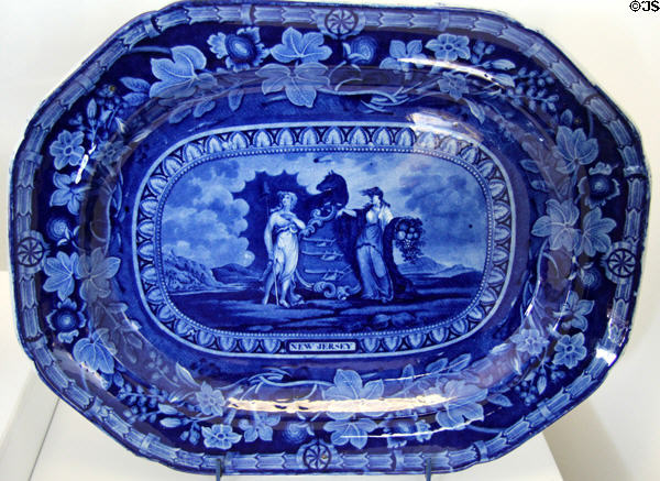 Blue flow plate (c1829) with seal of New Jersey by English potter Thomas Mayer at National Museum of American History. Washington, DC.