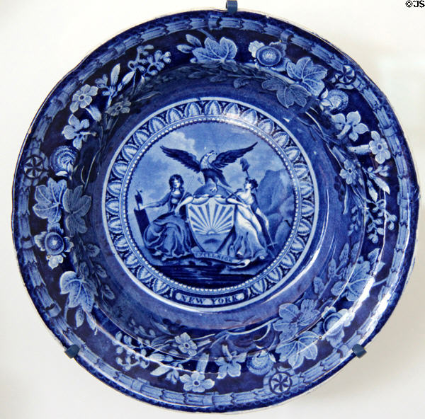 Blue flow plate (c1829) with seal of New York by English potter Thomas Mayer at National Museum of American History. Washington, DC.