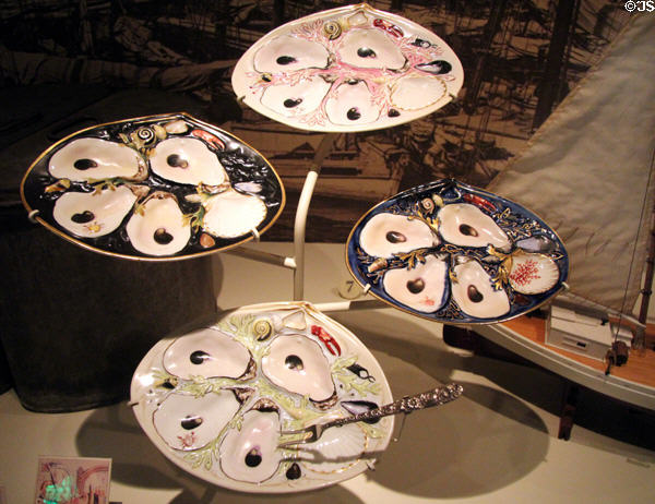 Oyster plates for serving most shippable of seafoods to feed inland America (1870-1920s) at National Museum of American History. Washington, DC.