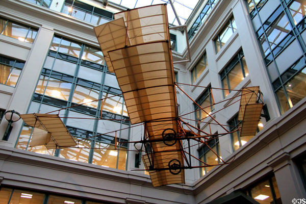 Wright-Brothers-type biplane suspended in atrium of National Postal Museum. Washington, DC.